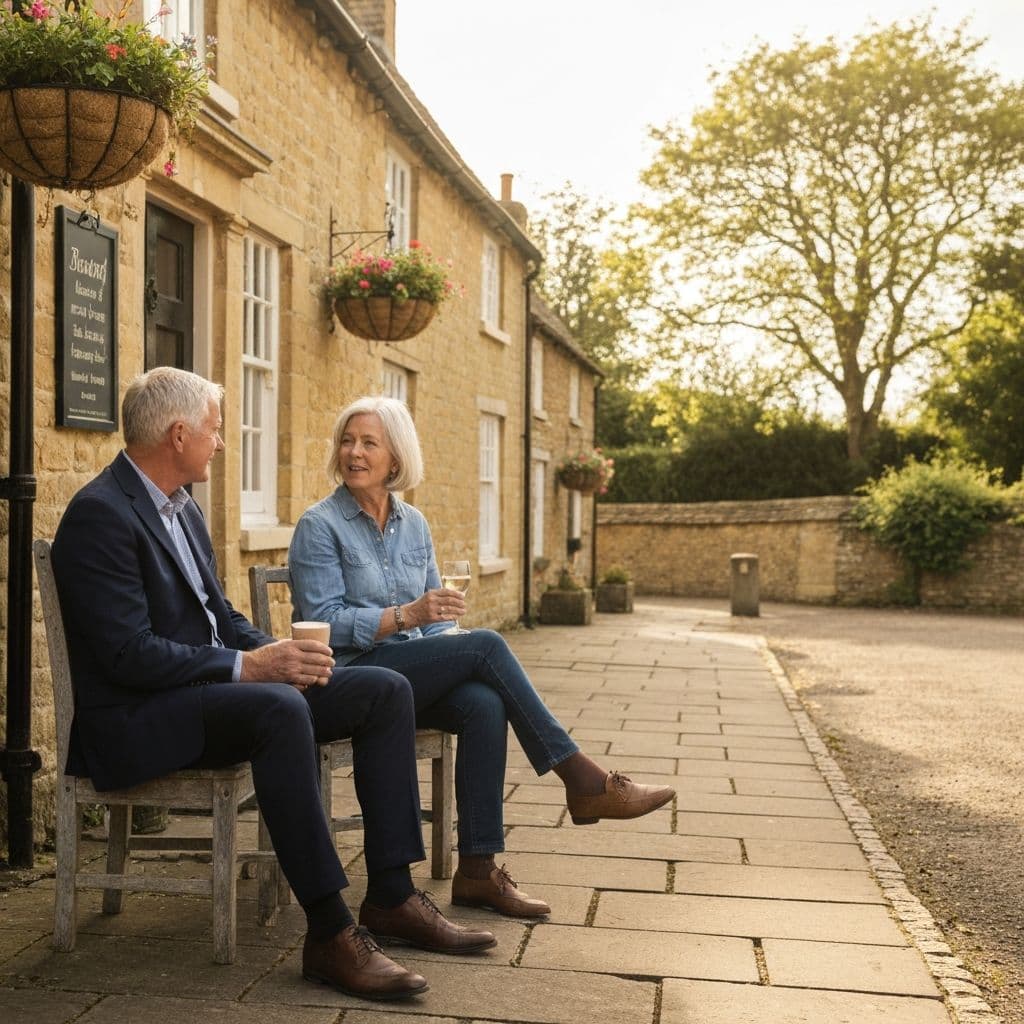 A well-dressed couple in their early 60s enjoying drinks outside a traditional English pub