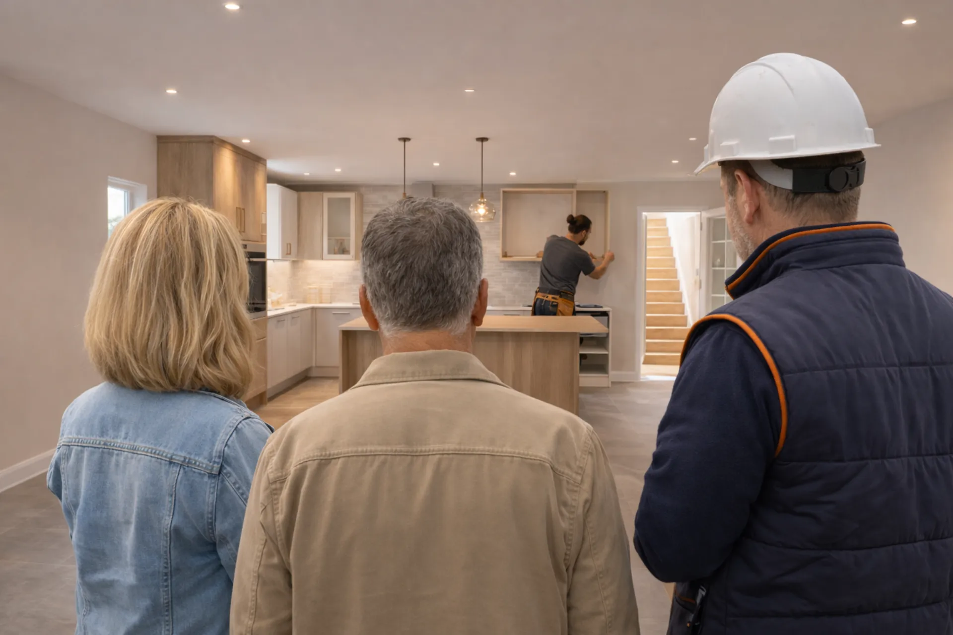 A couple reviewing building progress updates on a tablet together