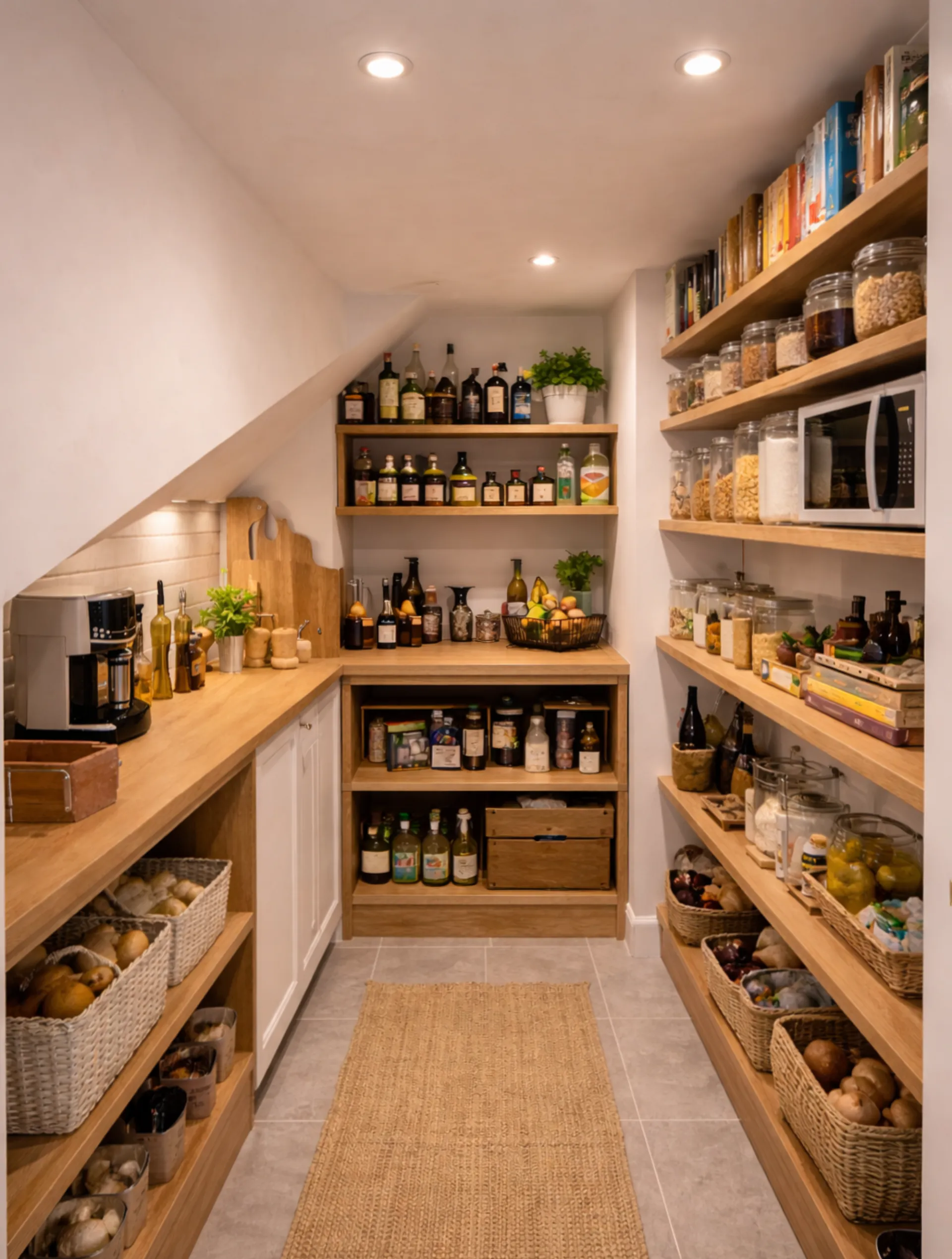A beautifully organised walk-in pantry with warm timber shelving and soft lighting