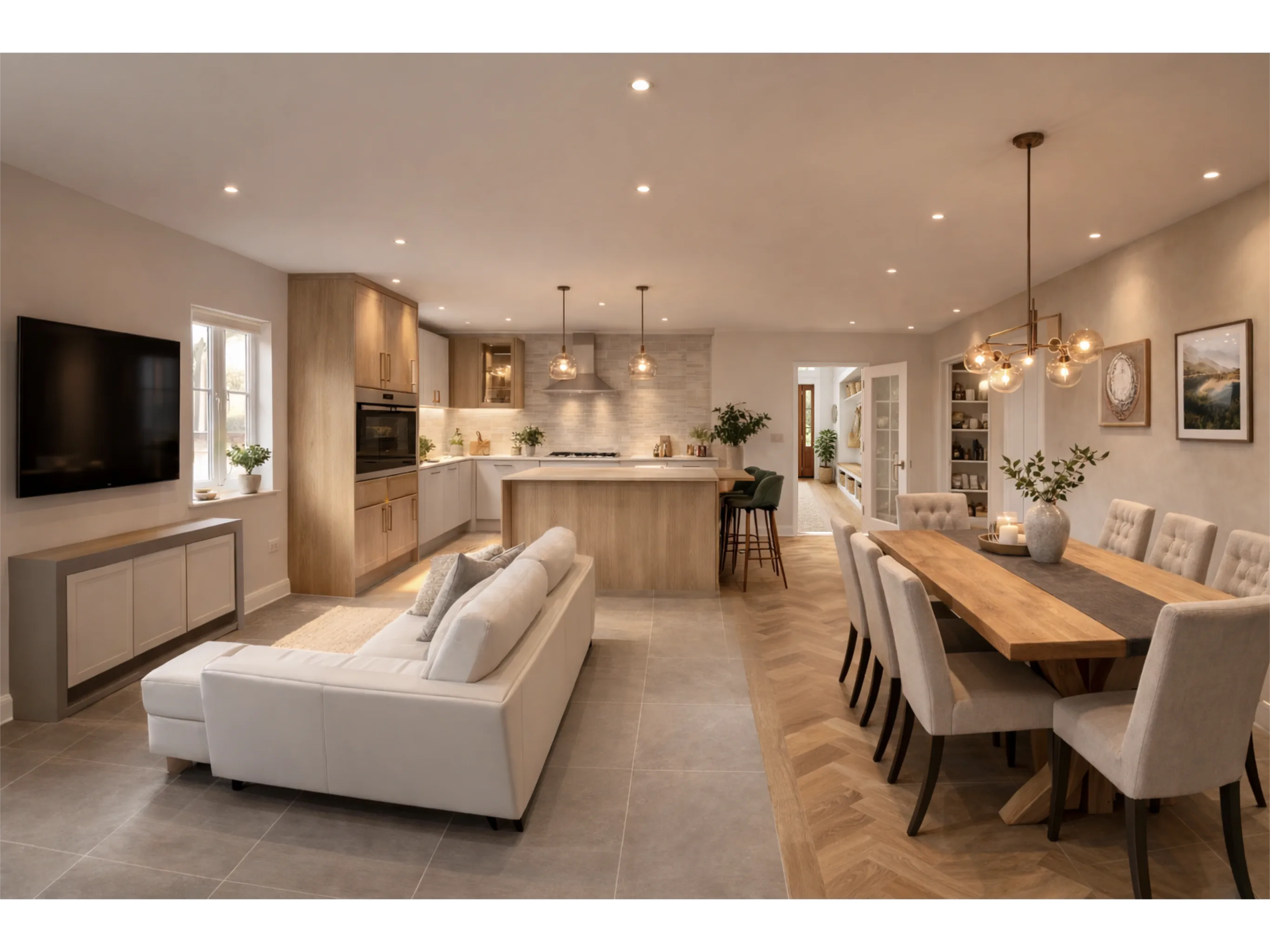 Generous open-plan kitchen and living space with warm natural light