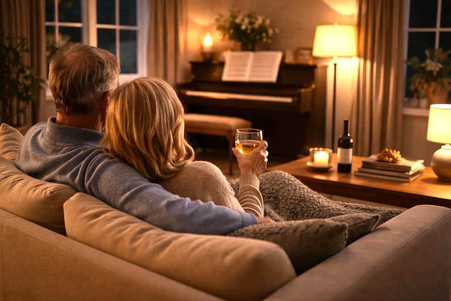 Couple relaxing on a sofa with a glass of wine in a warm candlelit living room