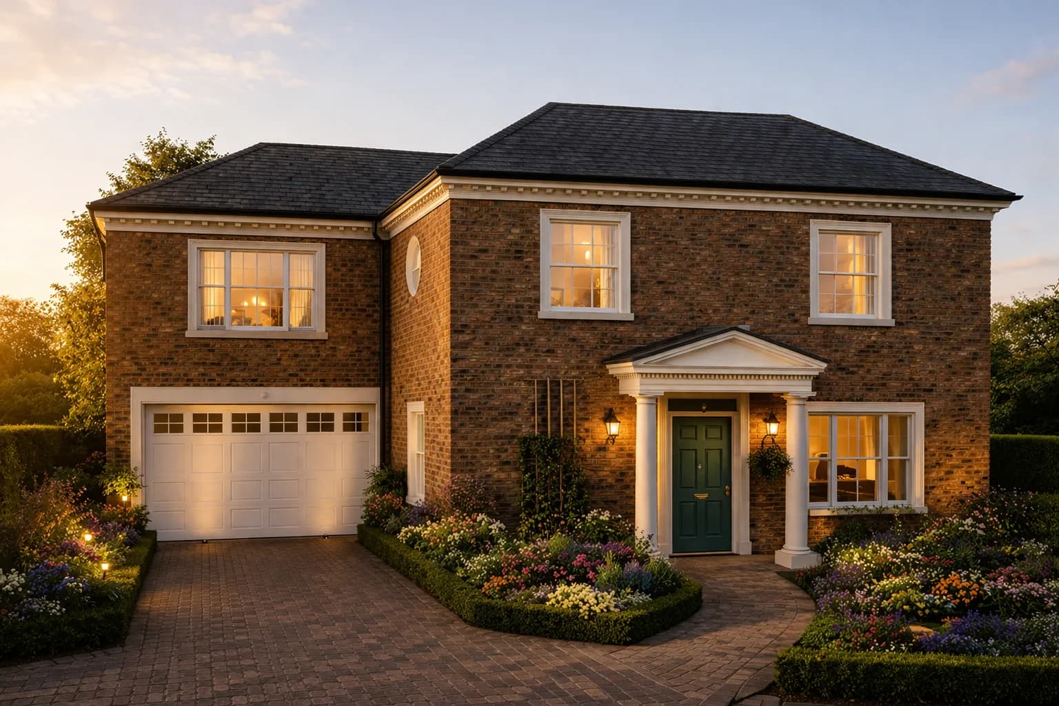 Neo-Georgian brick home with integral garage and landscaped front garden at golden hour