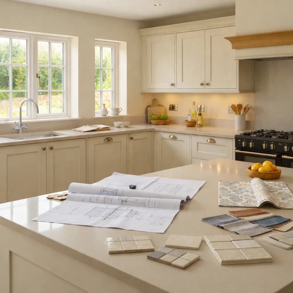 Architectural plans, tile samples and fabric swatches spread across a kitchen island