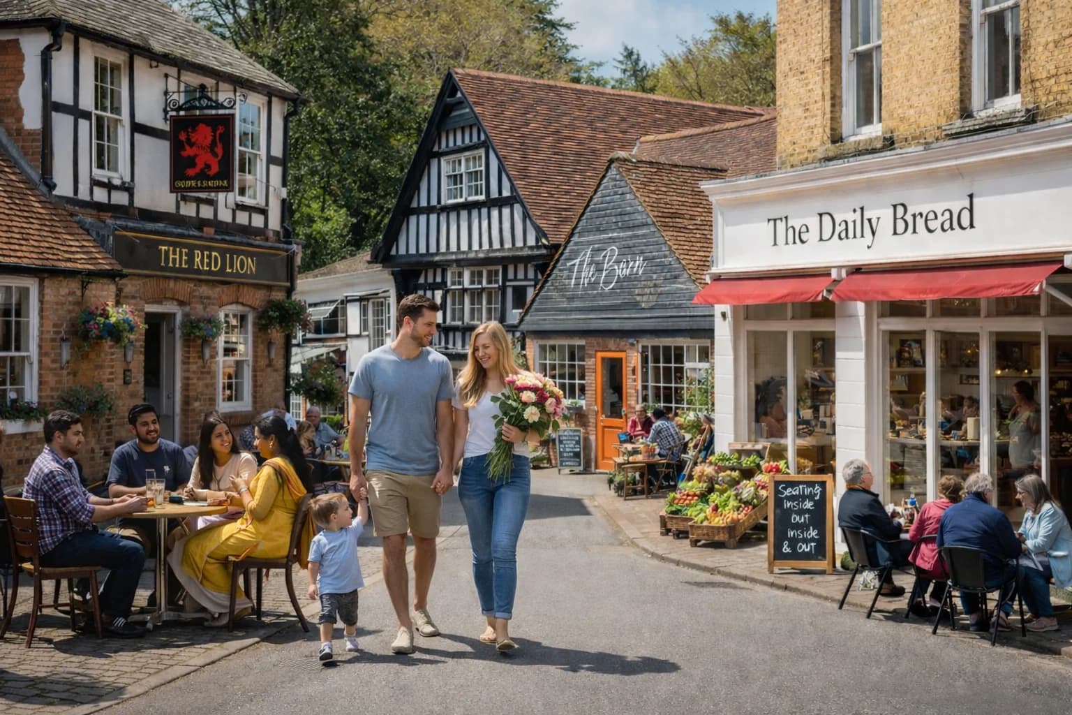 A vibrant English market town with shops, cafes, and people enjoying outdoor seating