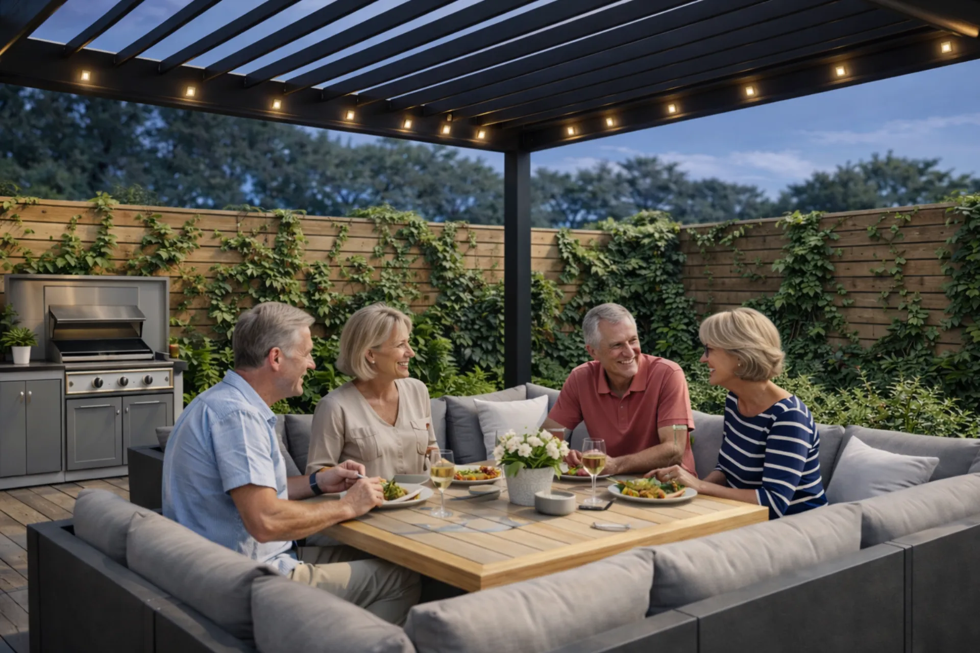 Modern living room with integrated smart home technology and architectural lighting