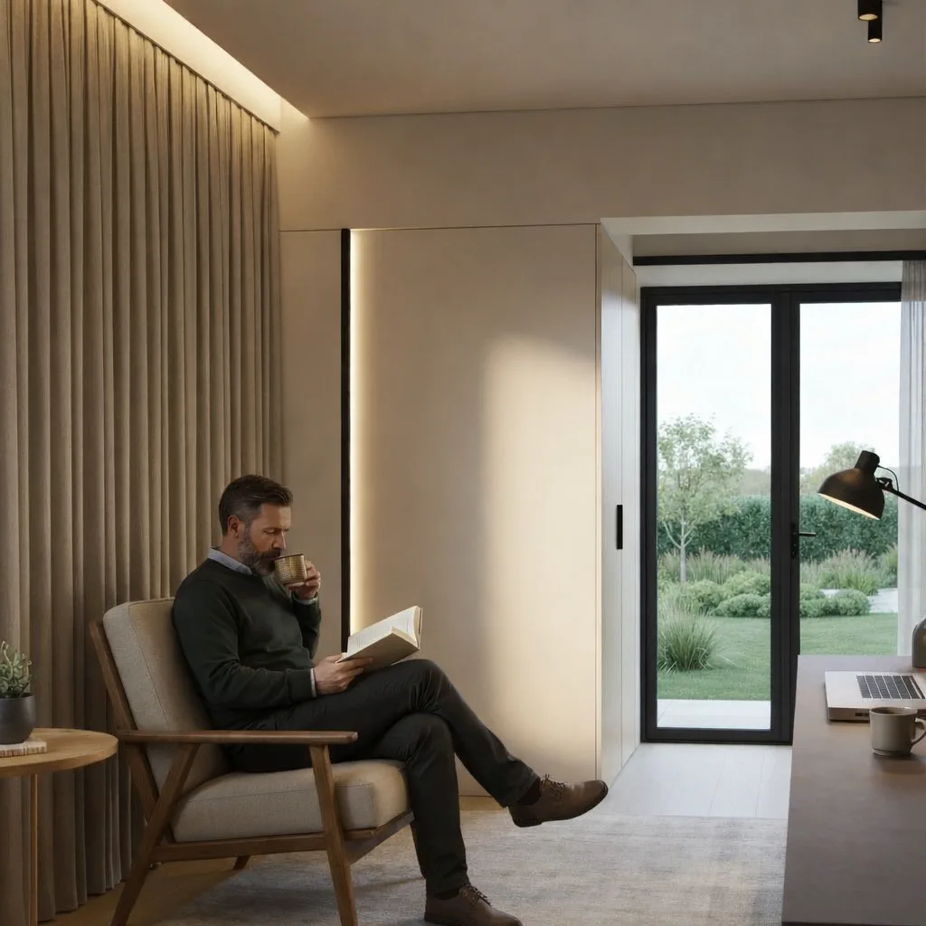 A calm morning room with an armchair, good natural light and a view to the garden