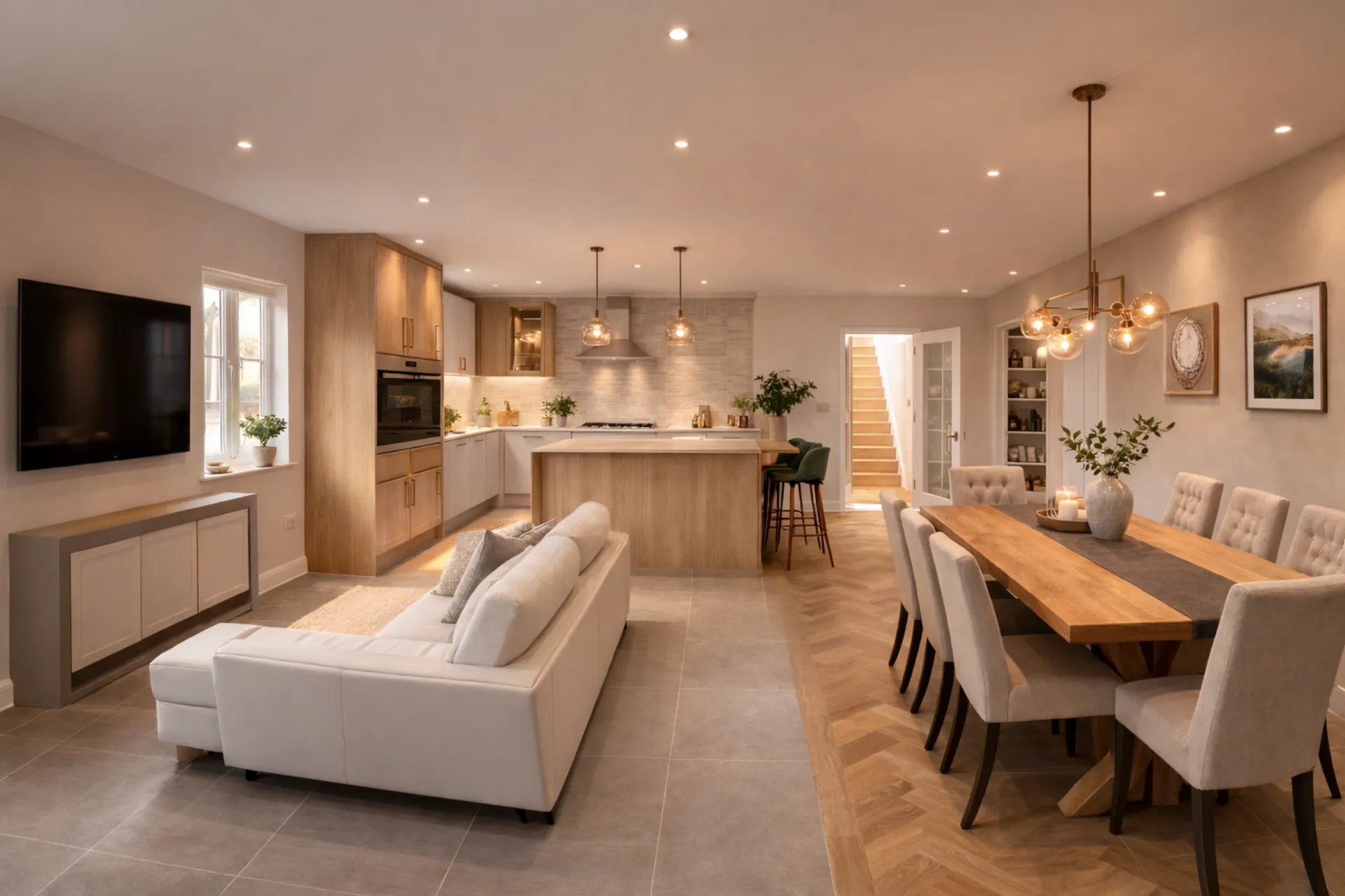 Generous open-plan kitchen and living space with warm natural light