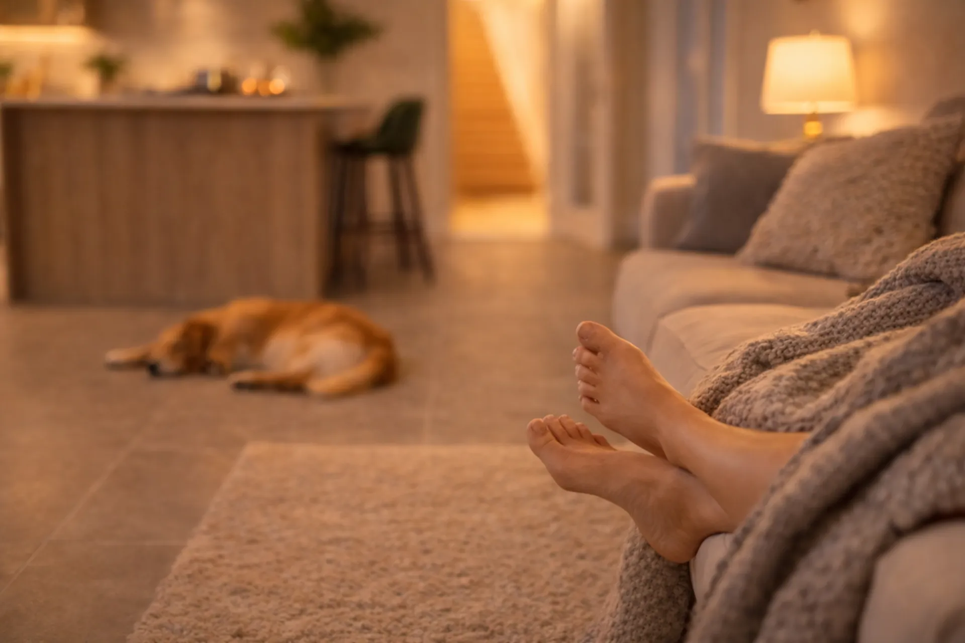 A cosy, warmly-lit living room with large double-glazed windows and a couple reading comfortably