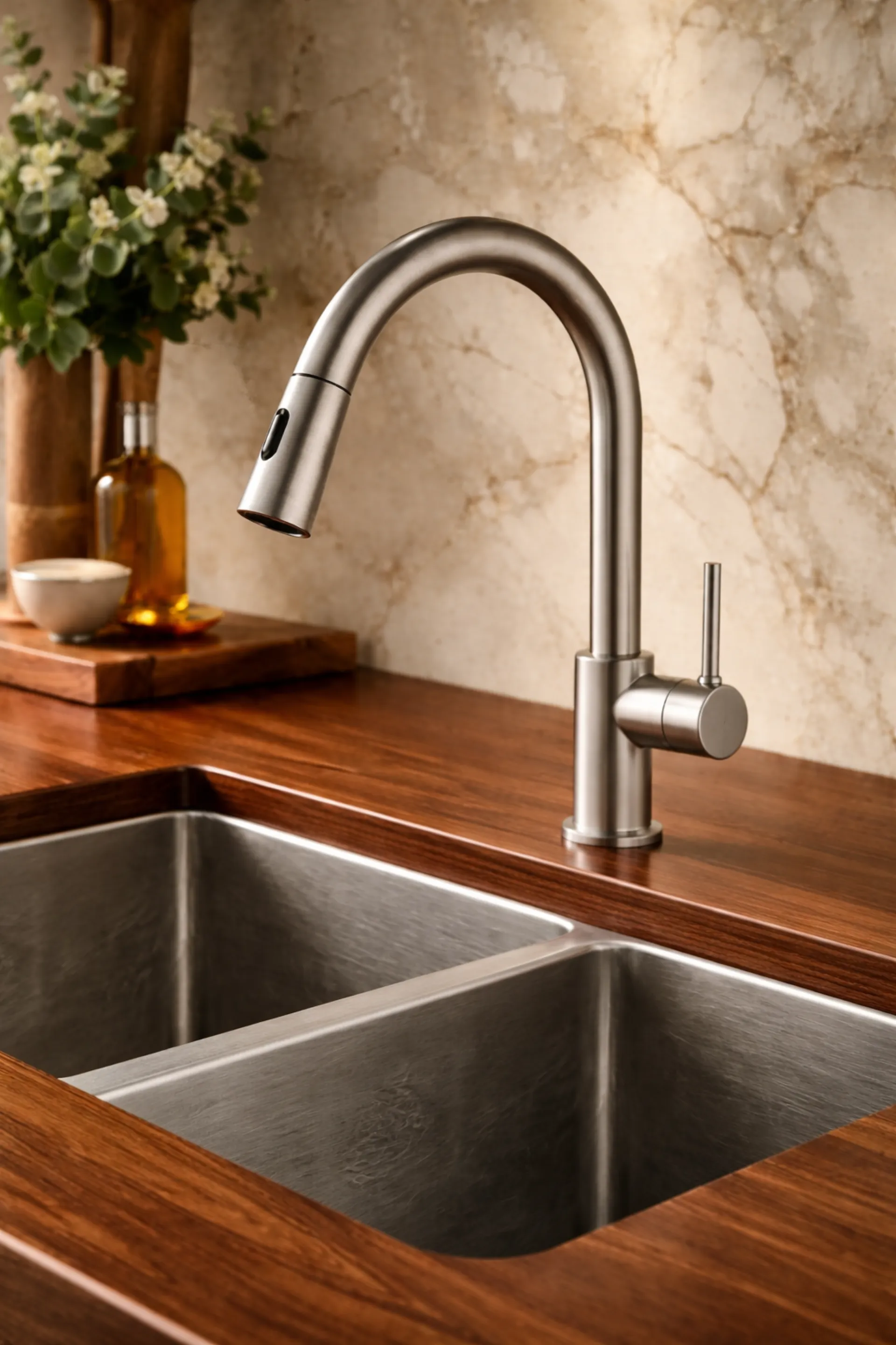 Close-up of premium interior finishes including marble, brass hardware and oak cabinetry